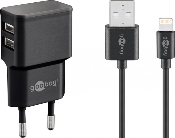 Kit de charge double Goobay Apple Lightning 2,4 A - bloc d'alimentation avec 2 prises USB et câble Apple Lightning 1 m (noir)