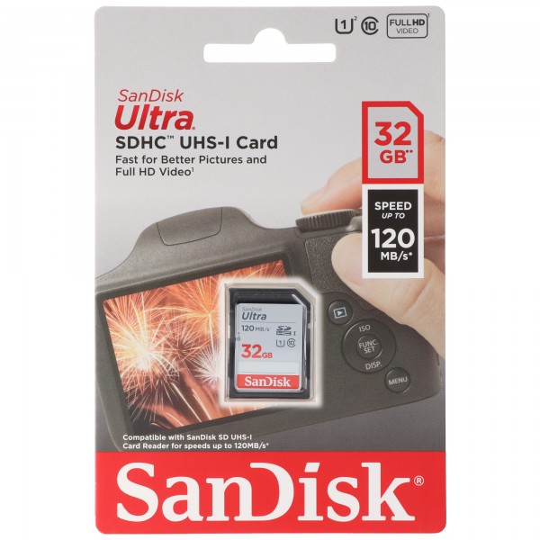 Carte SDHC Sandisk 32 Go, Ultra, Classe 10, UHS-I (R) 120 Mo/s, blister de vente au détail