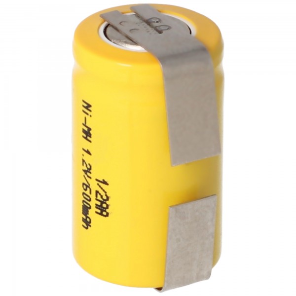 1 / 2AA batterie avec une tension de 1,2 Volt et une capacité de 600mAh avec étiquettes de soudure en forme de U, 25,5 x 14,5 mm