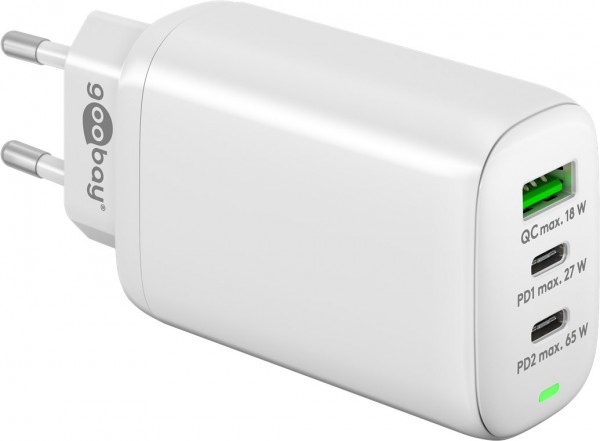 Chargeur rapide triple multiport Goobay USB-C™ PD (65 W) blanc - adaptateur de charge avec 2x ports USB-C™ (Power Delivery) et 1x port USB-A (Quick Charge 3.0)