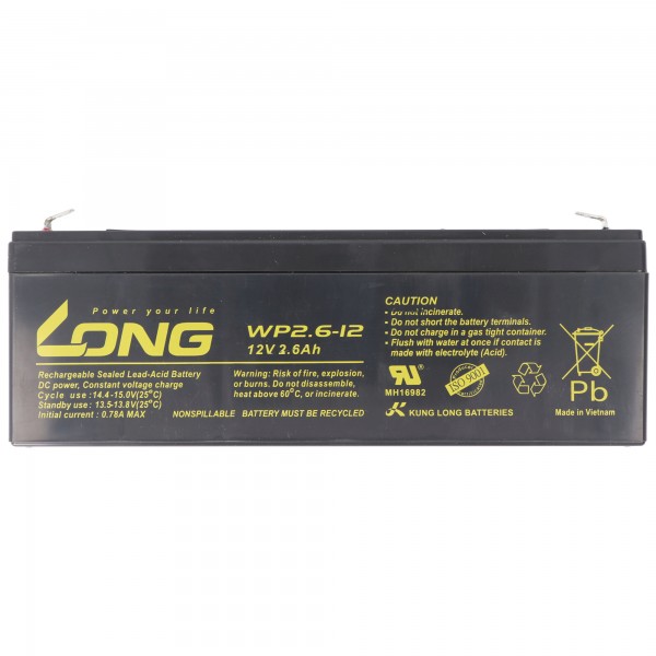 Batterie au plomb Kung Long WP2.6-12 F1, 12V, 2.6Ah avec connexion Faston 4.8mm