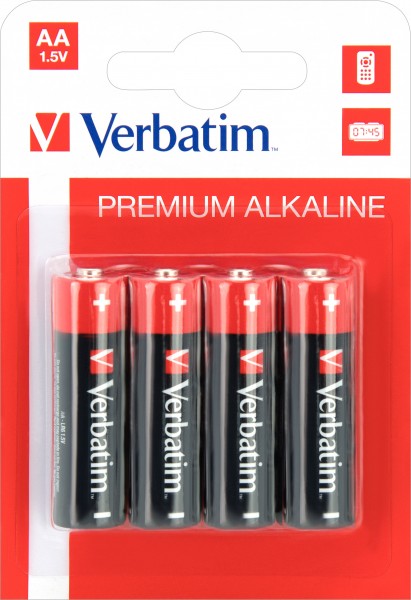 Pile alcaline Verbatim, Mignon, AA, LR06, 1,5 V Premium, blister de vente au détail (paquet de 4)