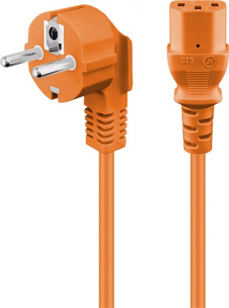 Câble de raccordement IEC, coudé, 5 m, fiche de contact de protection orange (type F, CEE 7/7)> prise appareil C13 (connecteur IEC)