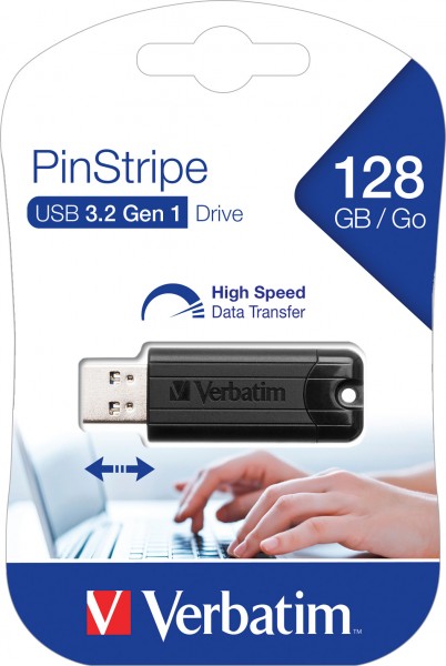 Verbatim Clé USB 3.2 128 Go, PinStripe, noir Type-A, (R) 30 Mo/s, (W) 10 Mo/s, blister de vente au détail