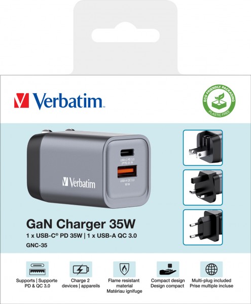 Adaptateur de charge Verbatim, universel, GNC-35, GaN, 35 W, gris 1x USB-A QC, 1x USB-C PD, vente au détail