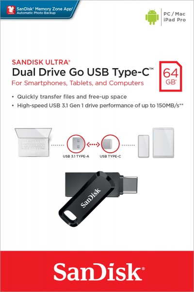 Sandisk USB 3.1 OTG Stick 64 Go, Ultra Dual Go Type-AC, (R) 150 Mo/s, Memory Zone, blister de vente au détail