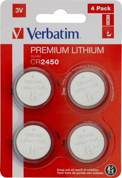 Batterie au lithium Verbatim, pile bouton, CR2450, blister de 3 V (paquet de 4)