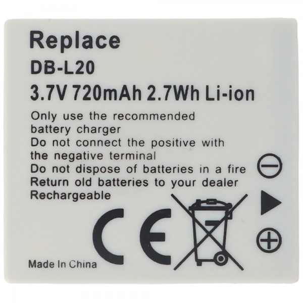 AccuCell batterie adaptée pour Sanyo DB-L20, Xacti DMX-C1, 720mAh