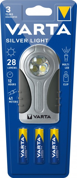 Lampe de poche LED Varta Silver Light, 28 lm, avec 3 piles alcalines AAA, blister de vente au détail