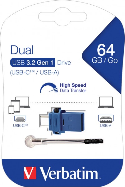 Verbatim Clé USB 3.2 OTG 64 Go, Dual Drive Type-AC, (R) 110 Mo/s, (W) 20 Mo/s, blister de vente au détail