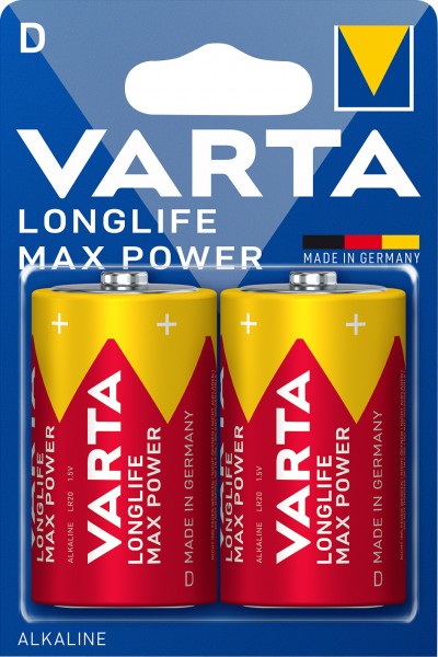 Batterie alcaline Varta, Mono, D, LR20, 1,5 V Longlife Max Power, Blister de vente au détail (paquet de 2)