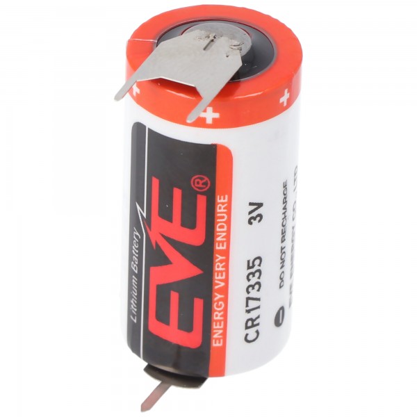 Pile EVE CR17335 taille 2 / 3A avec tension 3 volts et capacité 1550mAh, dimensions 33,5 x 17 mm, avec contacts d'impression ++ / -, pas de 7,6 mm