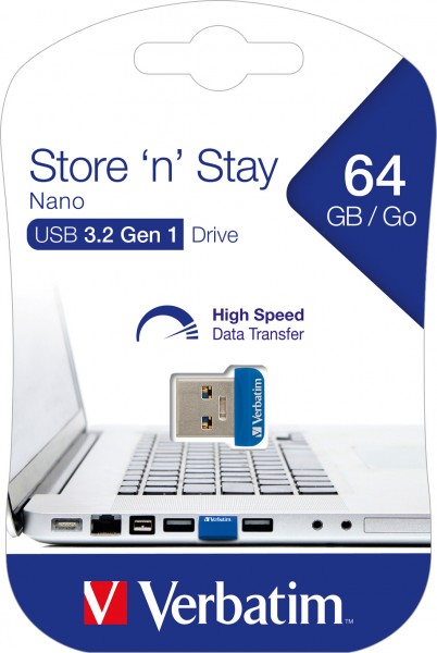 Clé USB 3.2 Verbatim 64 Go, Nano Store'n'Stay Type-A, (R) 80 Mo/s, (W) 25 Mo/s, blister de vente au détail