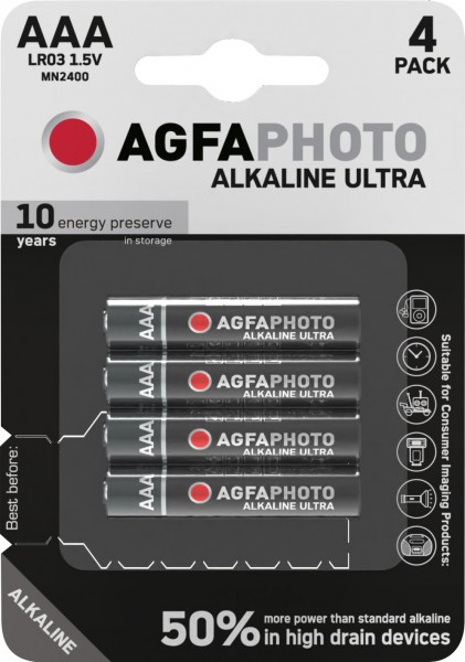 Agfaphoto Piles alcalines, micro, AAA, LR03, 1,5 V Ultra, blister de vente au détail (paquet de 4)