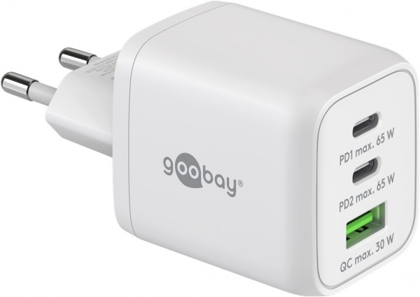 Goobay Chargeur rapide multiport USB-C™ PD Nano (65 W) blanc - 2x ports USB-C™ (Power Delivery) et 1x port USB-A (Quick Charge 3.0) - blanc