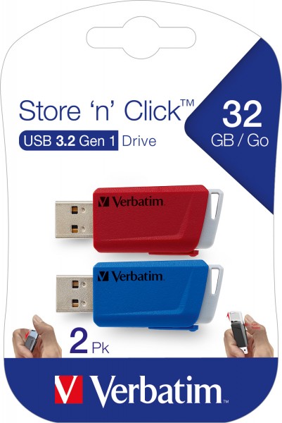 Clé USB 3.2 Verbatim 32 Go, Store'n'Click, rouge-bleu Type-A, (R) 80 Mo/s, (W) 25 Mo/s, blister de vente au détail (paquet de 3)