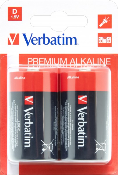 Pile alcaline Verbatim, mono, D, LR20, 1,5 V Premium, blister de vente au détail (paquet de 2)