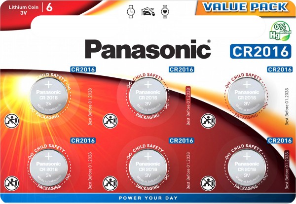 Batterie au lithium Panasonic, pile bouton, CR2016, électronique 3 V, alimentation au lithium, blister de vente au détail (paquet de 6)
