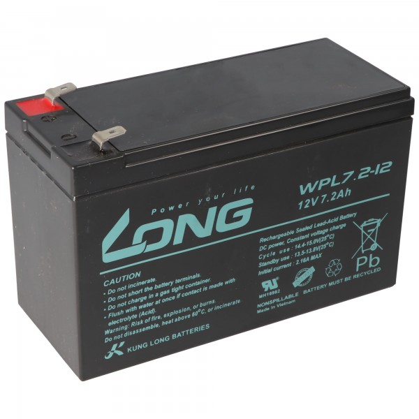 Batterie plomb-polaire Kung Long WP7.2-12 F1 Longlife, 12V, 7.2Ah avec connexion Faston 4.8mm
