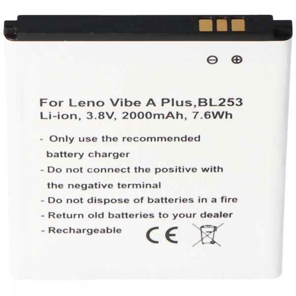 Batterie pour Lenovo Vibe A Plus, BL253, Li-ion, 3.8V, 2000mAh, 7.6Wh