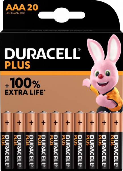 Pile alcaline Duracell, Micro, AAA, LR03, 1,5 V Plus, durée de vie supplémentaire, blister de vente au détail (paquet de 20)