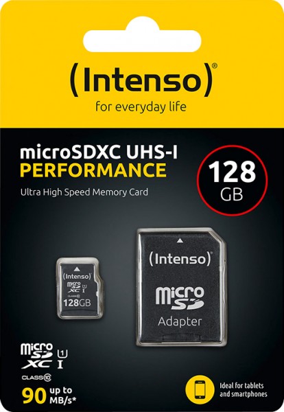 Carte microSDXC Intenso 128 Go, Performance, Classe 10, U1 (R) 90 Mo/s, (W) 10 Mo/s, adaptateur SD, blister de vente au détail