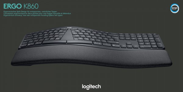 Clavier Logitech K860, sans fil, unificateur, Bluetooth, Black Ergo, DE, vente au détail