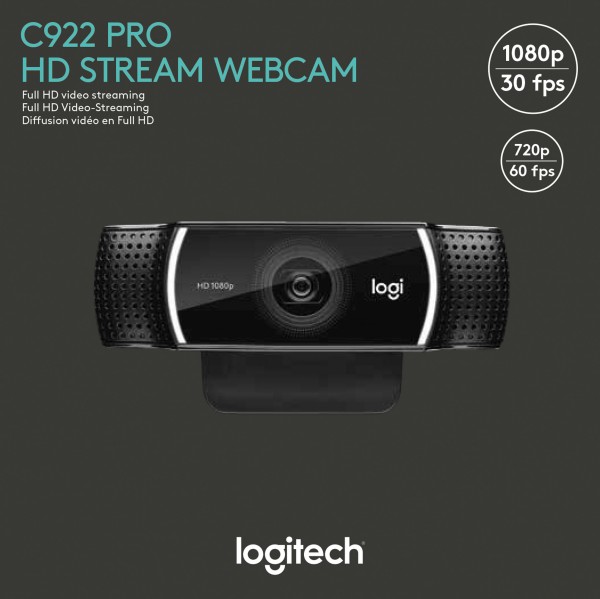 Logitech Webcam C922 Pro Stream, Full HD 1080p, Noir 1920x1080, 30 FPS, USB, Vente au détail