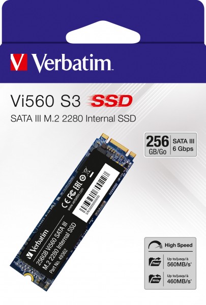 Verbatim SSD 256 Go, SATA-III, M.2 2280 Vi560 S3, (R) 560 Mo/s, (W) 460 Mo/s, Vente au détail