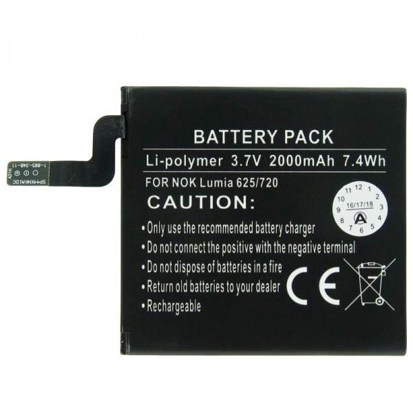 Batterie pour Nokia Lumia 625, Lumia 720, Nokia BP-4GWA 3.7 Volt 2000mAh