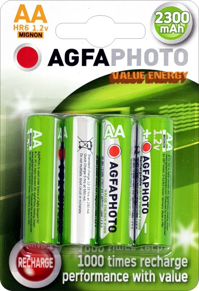 Agfaphoto Batterie NiMH, Mignon, AA, HR06, 1.2V/2300mAh Value Energy, Blister au détail (4-Pack)