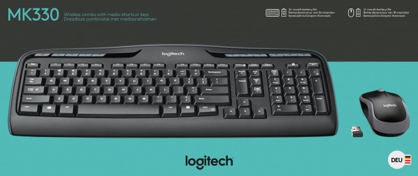 Ensemble clavier/souris Logitech MK330, Sans fil, Noir DE, Optique, 1000 dpi, Vente au détail