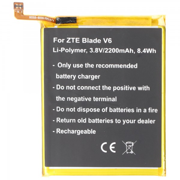 Batterie pour ZTE Blade V6, Li-Polymer, 3.8V, 2200mAh, 8.4Wh, intégrée, sans outil