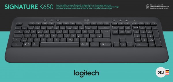 Clavier Logitech K650, sans fil, boulon, Bluetooth, signature graphite, DE, vente au détail