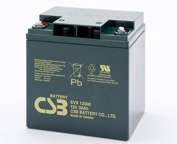 CSB-EVX12300 Batterie au plomb acide 12A AGM 30Ah, filetage intérieur Mx 166x125x175mm Résistante au cycle + en veille
