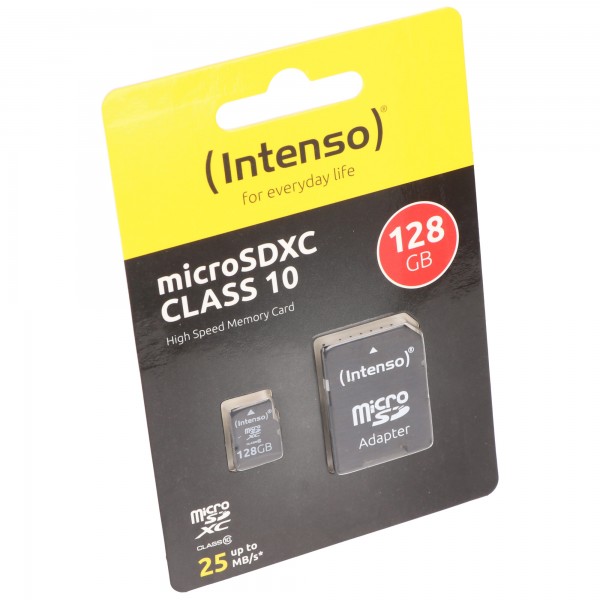 Carte microSDXC Intenso 128 Go, classe 10 (R) 25 Mo/s, (W) 10 Mo/s, adaptateur SD, blister de vente au détail