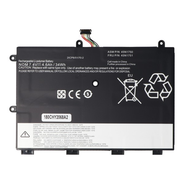 Batterie pour Lenovo ThinkPad Yoga 11e, 45N1751, Li-Polymer, 7.4V, 4600mAh, 34.0Wh, intégrée
