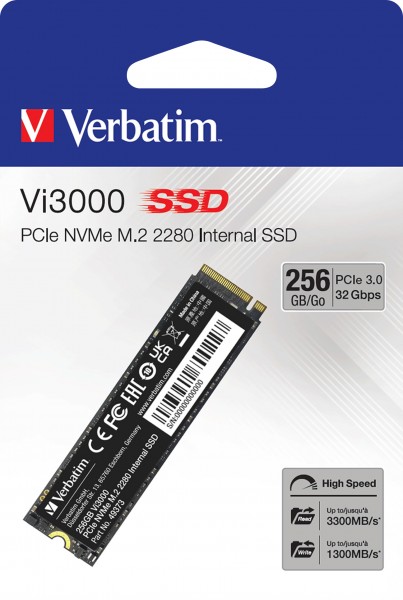 Verbatim SSD 256 Go, PCIe 3.0, M.2 2280, NVMe, Vi3000 (R) 3 300 Mo/s, (W) 1 300 Mo/s, vente au détail