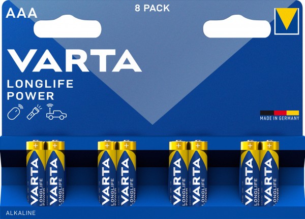 Piles alcalines Varta, micro, AAA, LR03, alimentation longue durée 1,5 V, blister de vente au détail (paquet de 8)