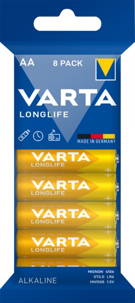 Pile alcaline Varta, mignon, AA, LR06, 1,5 V longue durée, emballage en aluminium (paquet de 8)