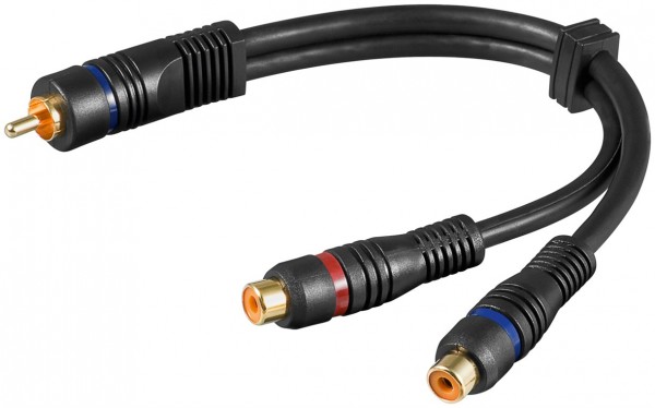 Câble adaptateur Goobay Audio Y, fiche cinch stéréo vers 1x prise cinch, OFC, double blindage - fiche cinch > 2x prise cinch (audio gauche/droite)