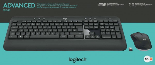 Ensemble clavier/souris Logitech MK540, Sans fil, Unifying, Black Advanced, DE, Optique, 1000 dpi, Vente au détail