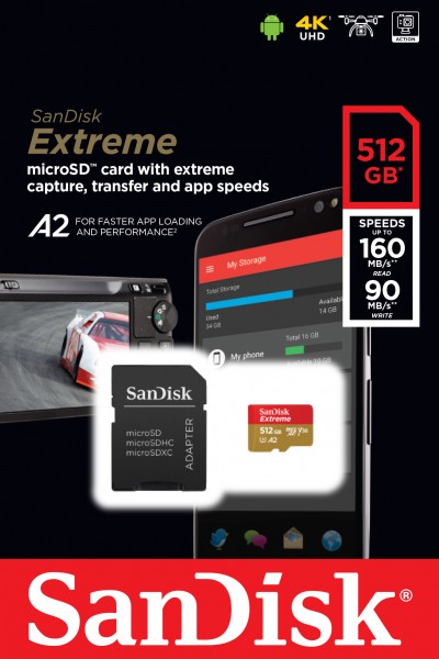 Carte microSDXC Sandisk 512 Go, Extreme, U3, A2, 4K UHD (R) 160 Mo/s, (W) 90 Mo/s, adaptateur SD, blister de vente au détail