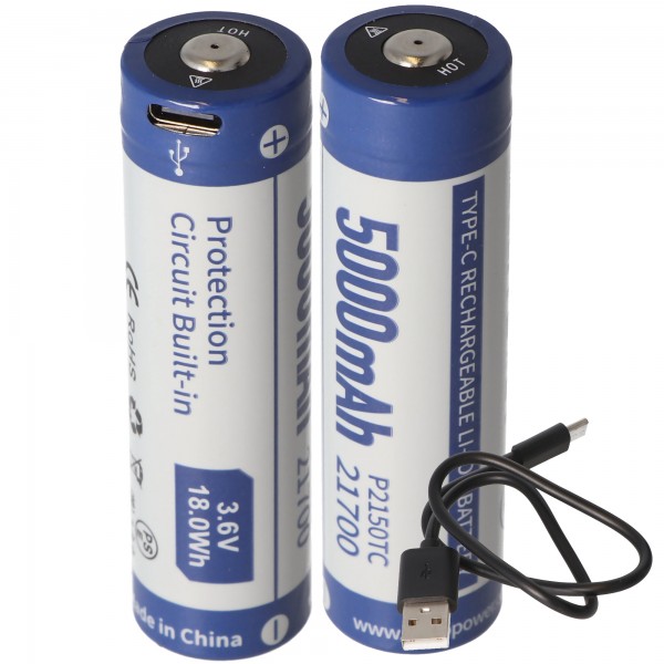 2 pièces 21700 Batterie Li-ion 5000mAh 3,7V - 3,6V 76,2x21,4mm avec protection PCB, y compris l'option de chargement USB-C