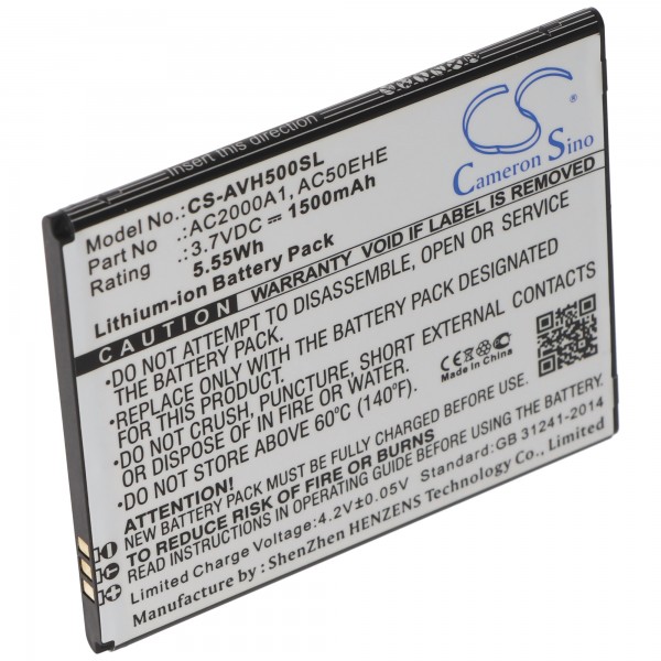 Batterie uniquement compatible avec les batteries Archos AC50EHE AC2000A1, Archos 50e Helium 4G, Li-ion, 3.7V, 1500mAh, 5.6Wh