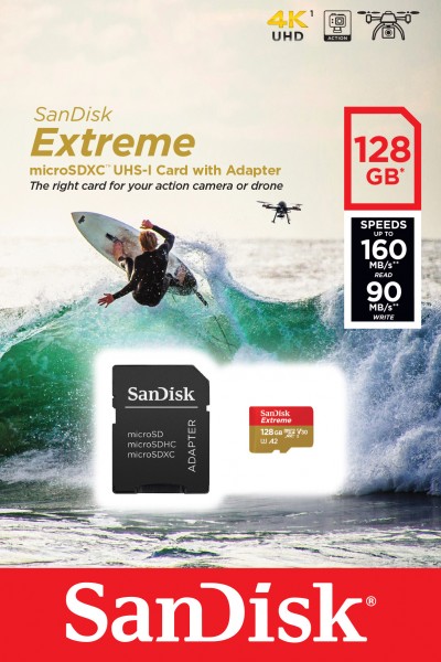Carte microSDXC Sandisk 128 Go, Extreme, U3, A2, 4K UHD (R) 160 Mo/s, (W) 90 Mo/s, adaptateur SD, blister de vente au détail