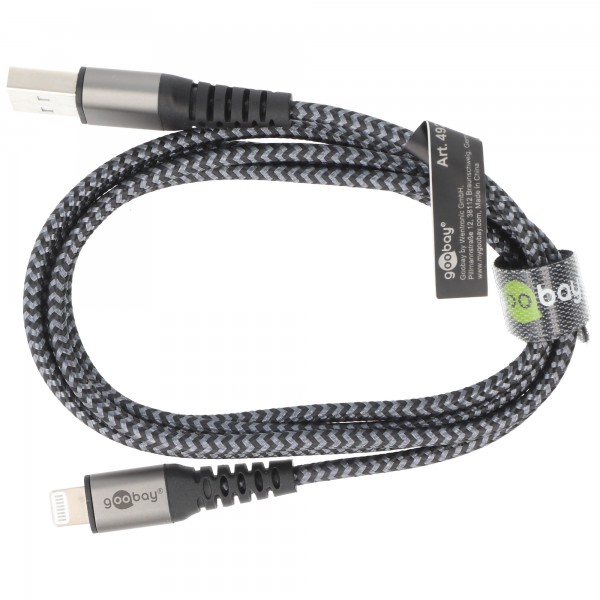 Câble textile Lightning vers USB-A avec fiches métalliques, câble de connexion extra-robuste pour Apple iPhone, iPad, iPod, AirPod, protection contre les plis optimisée