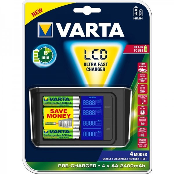 Varta LCD Ultra Fast Charger pour jusqu'à 4 AA / AAA, y compris 4x AA 2400mAh et une boîte
