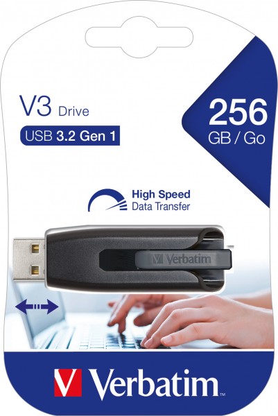 Clé USB 3.2 Verbatim 256 Go, lecteur V3, gris Type-A, (R) 120 Mo/s, (W) 25 Mo/s, blister de vente au détail