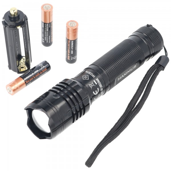 Torche LED Zoom Focus avec LED 5 watts max. 535 lumens, dont 3 piles AAA Duracell